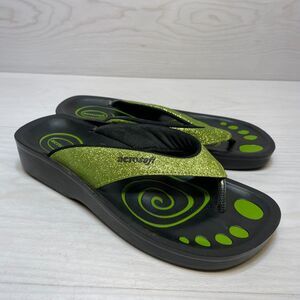 Aerosoft Glitter Thong Flip Flop Sandals Women's Size 7 Black Green Beach Summer